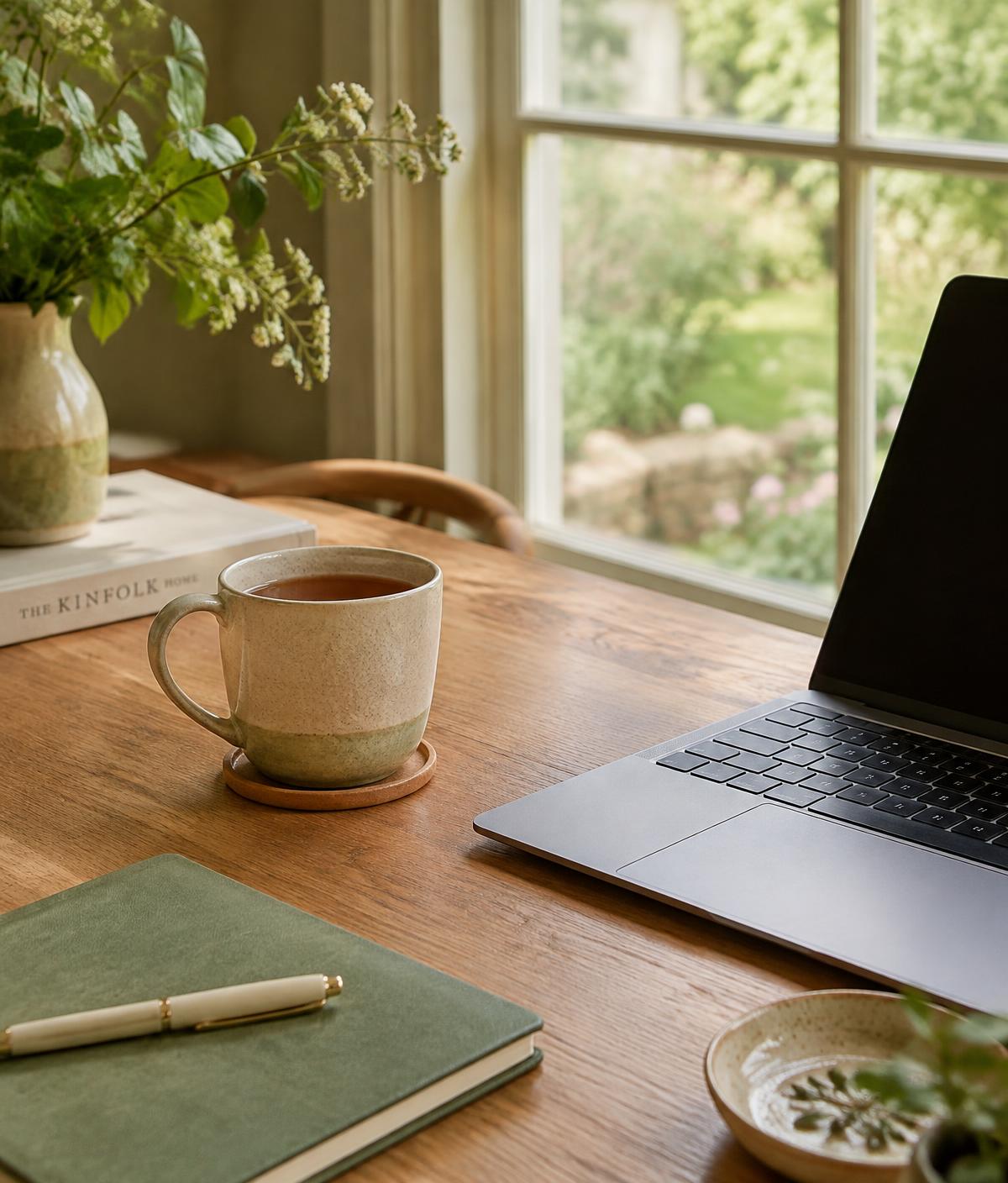 Cup of tea beside a laptop on an oak table by a garden window